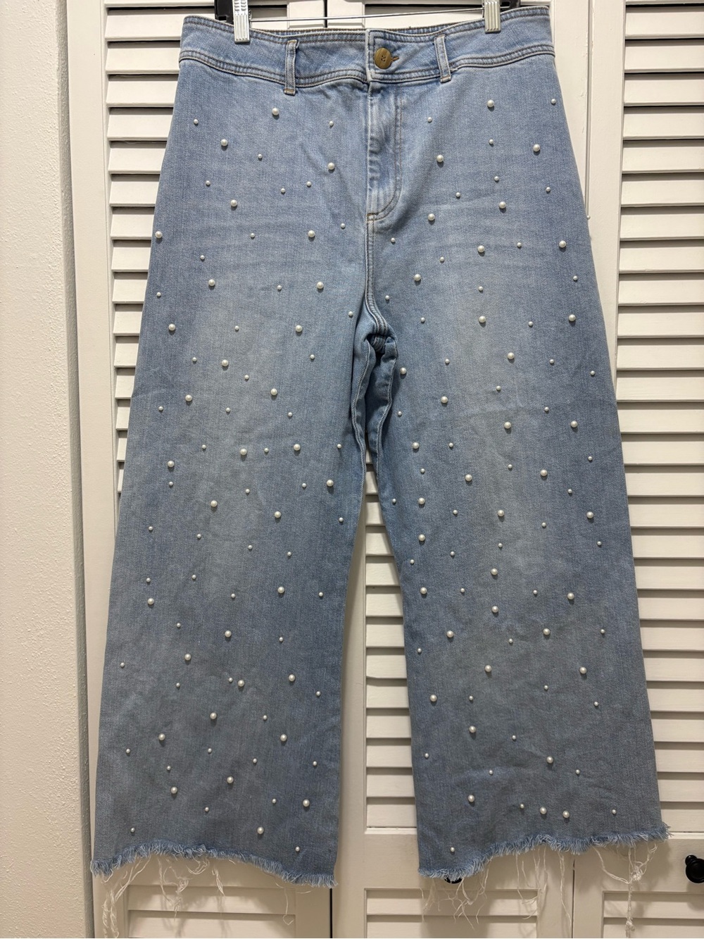 ANTONIO MELANI Light Blue Pearl-Studded Wide-Leg Jeans